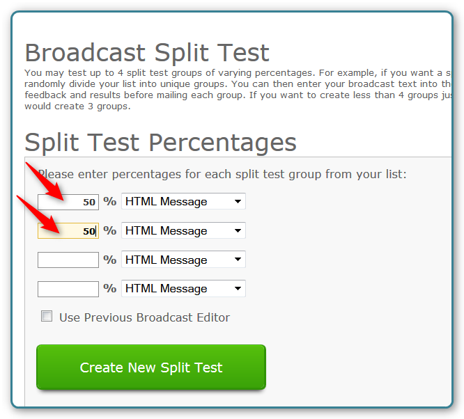 AWeber and WordPress - Broadcast Emails Split Test - Percentage Screen