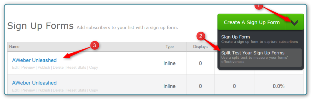 WordPress and AWeber - Split Test Screen